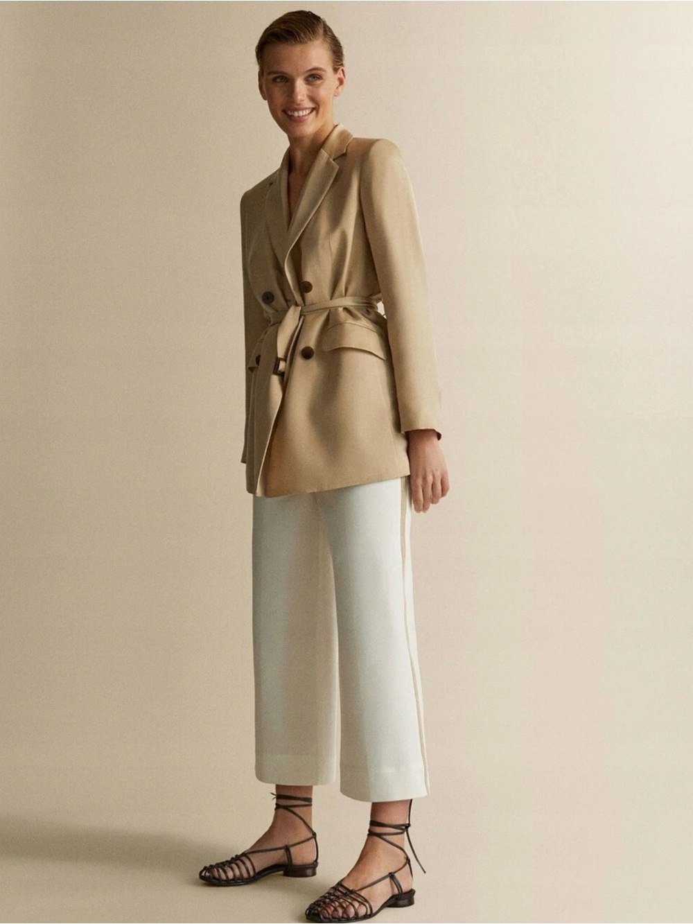Massimo Dutti Tan Double-Breasted Cupro Blazer with Belt - Flaw